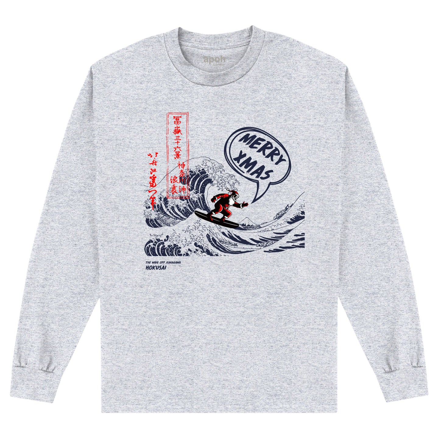 APOH Hokusai Santa Great Wave Merry Xmas Grey Long Sleeve T-Shirt