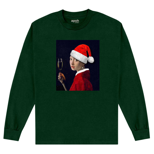 APOH Vermeer Santa Girl Pearl Earring Green Long Sleeve T-Shirt