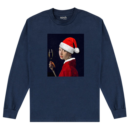 APOH Vermeer Santa Girl Pearl Earring Navy Long Sleeve T-Shirt