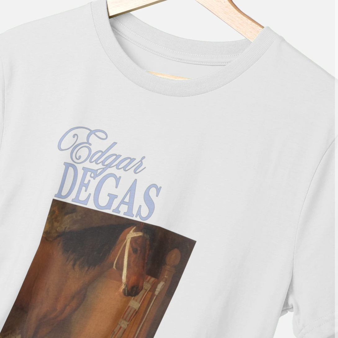 White t-shirt with 'Edgar Degas' and a horse painting on a hanger.
